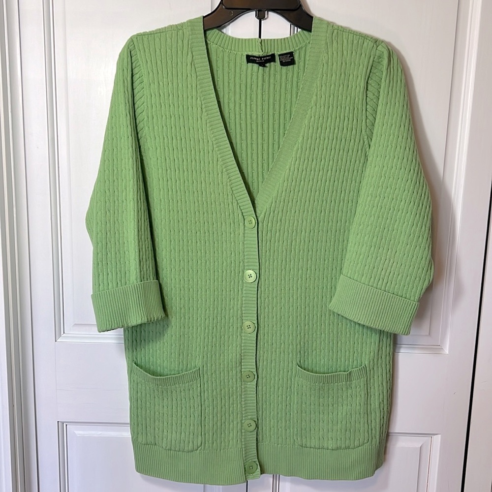 Jeanne Pierre 1X, 3/4 sleeve, fine gage cable knit cardigan sweater green